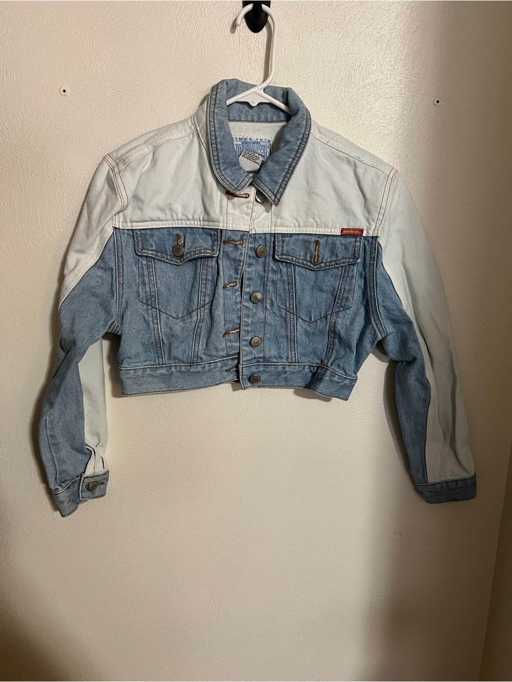 JORDACHE Vintage 80s Cropped Color-Block Denim Jacket Light Wash White Wmss Sz S
